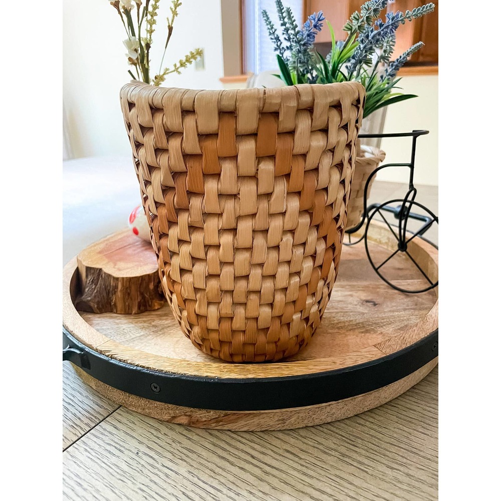Vintage Woven Wicker Cylinder Tabletop Planter